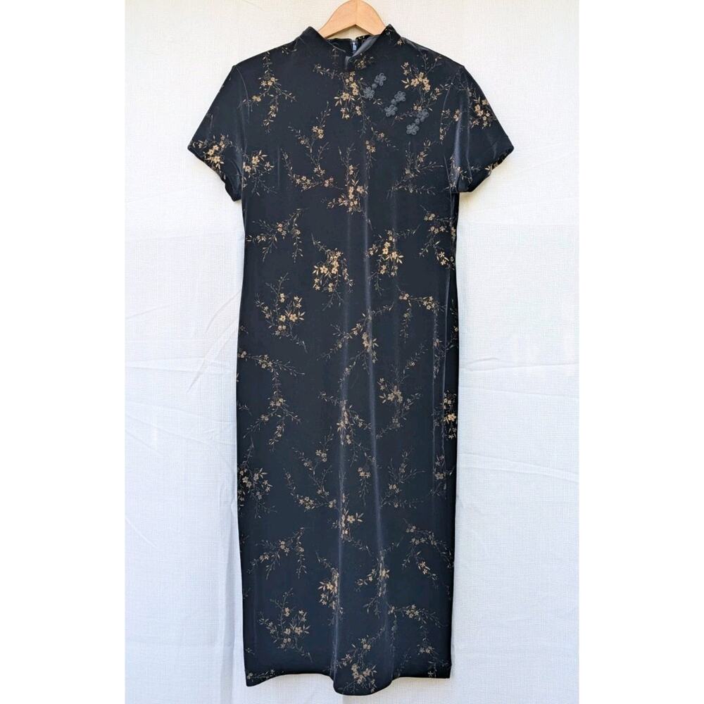 Amanda‎ Smith Vintage 90s Black Velvet Cheongsam Style Sheath Dress Sz 12P Midi
